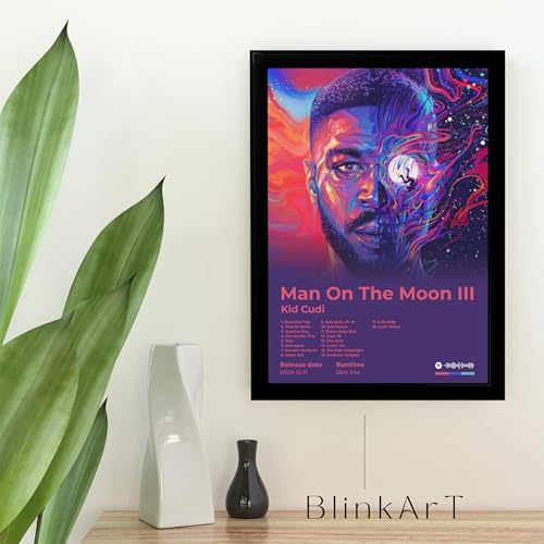 Image of BLINKART KidCudi - Man On The Moon III Wall Photo Frames | Wall Art for Bedroom, Living Room, Studio or Office | Album Cover Print with Spotify Song Link QR Code | Gift for Fans - 8x12 In