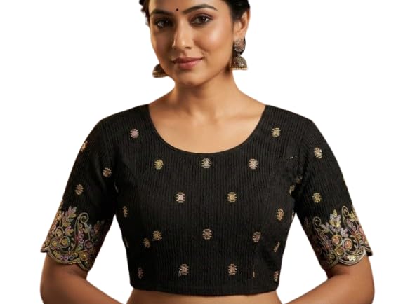 Women’s Black Embroidered Readymade Blouse | Stretchable Rib Fabric Blouse | Designer Saree Blouse for Women-image-7