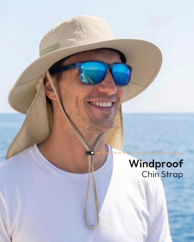 Image of Sun Hats for Men Wide Brim Bucket Hat with Neck Flap for Fishing & Hiking Mens Sun Hat for UV Protection