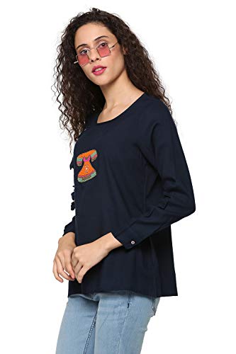 Image of ABOF Womens Western Solid Regularfit Top (BOS19AWFWTP2794331 Navy Small S)