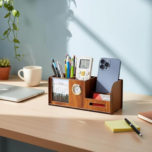 Image of Deskart Premium Pen Holder Stand with Clock, Two Years Calendar, Business Visiting Card & Mobile Holder | Multipurpose Desk Organizer with for Office Desk and Gifting