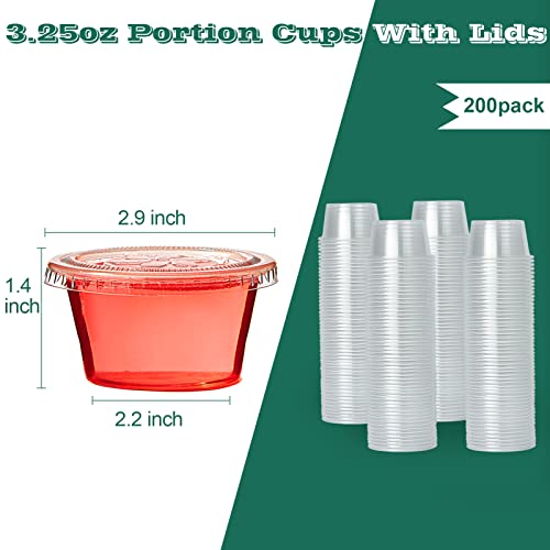 Image of 200 Sets 3.25 oz Plastic Portion Cups with Lids, Plastic Sauce Cup with Lid | Leak-proof sealing lids for sauces, jelly shots, souffle, condiments, dressings, for daily use, commercial kitchens, takeaway