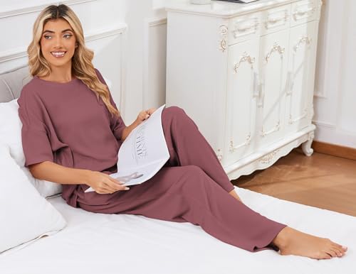 Image of JiniGolla Womens Pajama Sets Waffle Knit Short Sleeve Shirt with Long Pajama Pants Soft Sleepwear Pj Lounge Sets