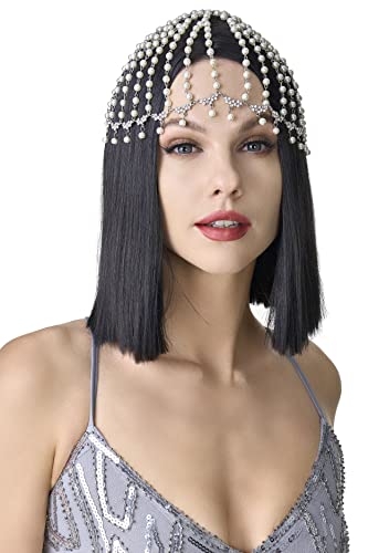 BABEYOND 1920s Crystal Cap Headpiece Rhinestone Head Chain Roaring 20s Great Gatsby Hair Accessories for Art Deco Party (Silver Pearl)