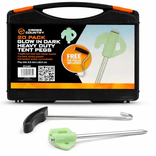 CROSS COUNTRY Glow in the Dark Tent Pegs Set of 20 with Peg Puller & Storage Box – 20.5cm Heavy Duty Zinc Plated Steel Rock Pegs for Hard Ground