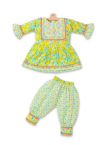Image of Baby Girls Yellow Ethnic Clothing Set, Mirror Work Embroidered Frock with Zigzag Print Pants, Comfortable Cotton Outfit for Kids