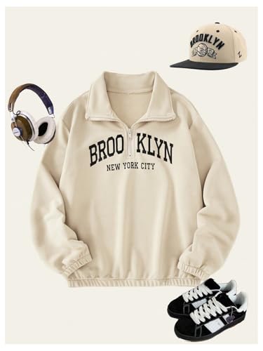 Verdusa Boy's Zip Up Letter Print Sweatshirt Half Long Sleeve Thermal Loose Pullovers3