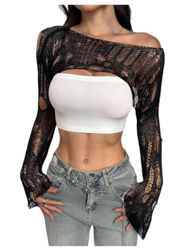 WDIRARA Women's Off Shoulder Crochet Bolero Shrug Distressed Crop
