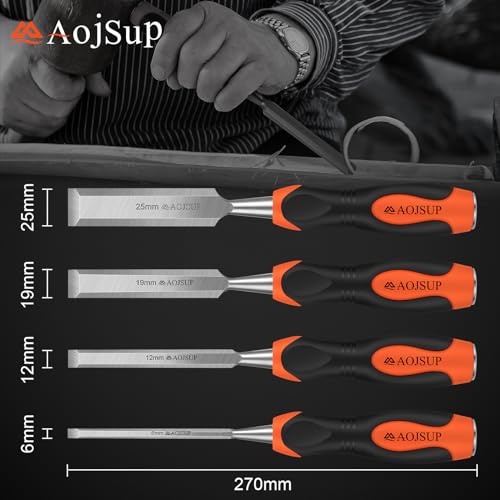 AojSup Stechbeitel Set für Holz 4tlg. - Scharfes Stecheisen Set (6, 12, 19, 25mm), Profi Holzmeißel Set mit 25° Keilwinkel und Robuster Metall-Schlagkappe, Stecheisen Satz für Anfänger und Profis