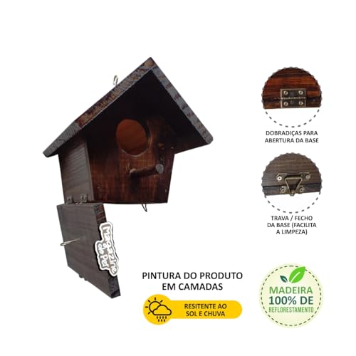 Casinha Ninho para Pássaros, Madeira, Pintada Marrom Escuro, Design Artesanal com abertura porta