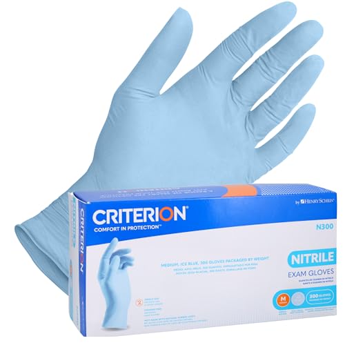 Henry Schein Criterion N300 Nitrile Exam Gloves – Medium, Ice Blue, 300/Box – Chemo Tested, Latex-Free, Chlorinated, Textured Fingers, 2.76 Mil Finger Thickness, Beaded Cuff, Non-Sterile, Disposable