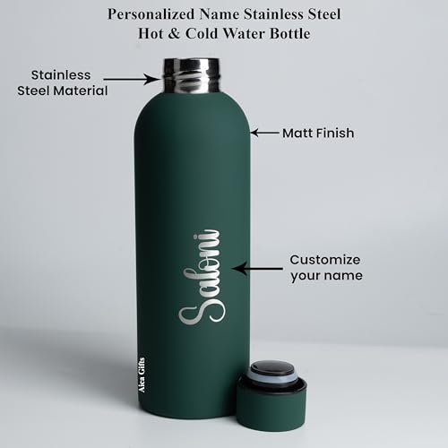 Image of AICA Personalized Name Stainless Steel Water Bottle -500ml - 12 Hrs Hot & 18hHs Cold (Darkgreen) | Customised Gift For Man Woman Girl Boy