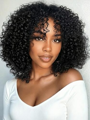 UNICE Afro Kinky Curly Human Hair Wig 16 Inch with Burmese Curly Layers, Glueless 7x5 Lace Front Wig 180% Density, Pre Plucked Pre Cut Bleached Knots, Drawstring Wig, Beginner Friendly Ready to Wear