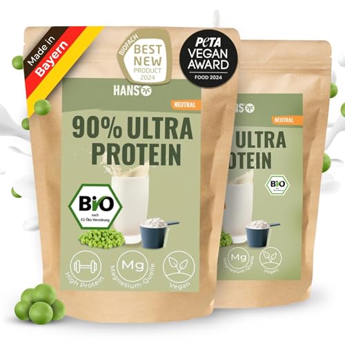 HANS Brainfood 90% Bio ULTRA fermentiertes Erbsenprotein Pulver cremig 1kg neutral - Veganes Proteinpulver cremig Mit Optimalem Aminosäurenprofil & Gut löslich - Bio Protein Pulver (2000g)
