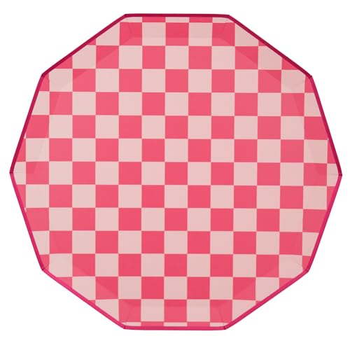 Bonjour Fete Hot Pink Checkered Paper Party Plates | Disposable Plates For Birthday, Valentine's Day | Sturdy Dinner Plates| Premium Party Supplies | Happy Birthday Decorations | Pack of 8, 10.5