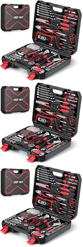 Image of Eastvolt 218-Piece Household Tool Kit, Auto Repair Tool Set, Tool Kits for Homeowner, Plier, Screwdriver Set, Socket Kit and Toolbox Storage Case,Black + Red (Pack of 3)