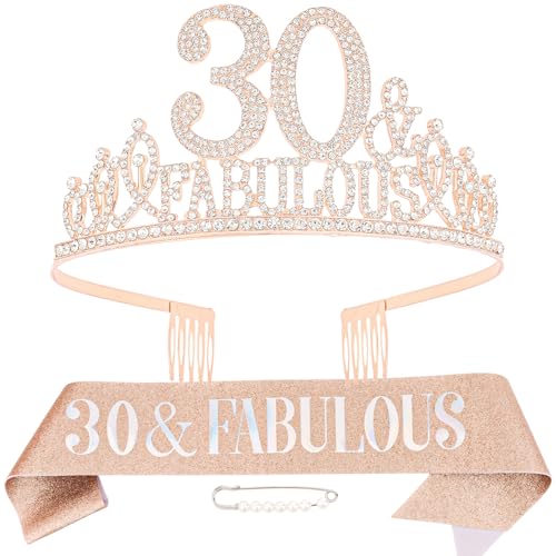 KIUEZIR Rose Gold 30th Birthday Tiara and Sash Set - Luxury Rhinestone & Alloy 30&Fabulous Crown with Comb & Glitter Sash Womens Party Accessories for 30th Birthday Celebrations