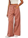 Acelitt Women's Casual Striped Color Block Pants Drawstring Elastic Waist 2025 Fall Trendy Comfy Loose Wide Leg Pants Trousers with Pockets Red Small