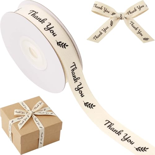 Kutyndrix Cotton Ribbon 5/8 Inch x 10 Yards Thank You Printed Natural Herringbone Twill Tape for Gift Wrapping Teacher Appreciation and Party Favors