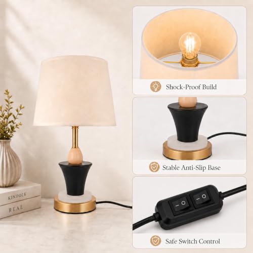 Image of ELARE Modern Decorative Table Lamp with Cotton Fabric Shade, Black & Gold Metal Body, Ambient-Lit Marble Base, LED Bulb Included, Bedside Lamp for Bedroom, Living Room & Office