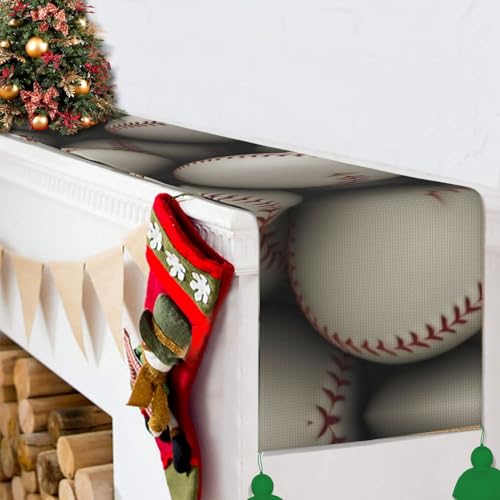 Chemin de table imprimé baseball rustique avec pompons 35x152 cm