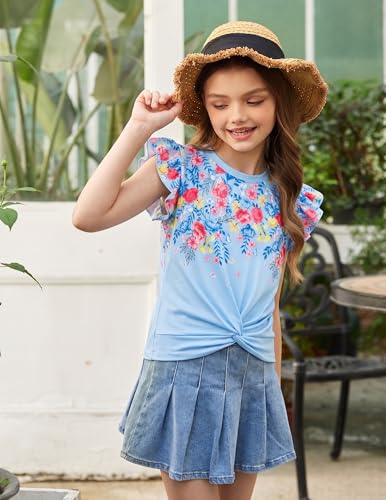 Image of Arshiner Girls Shirt - Short-Sleeve Twist Front T-Shirt for Girls with Cute Flying Sleeves - Summer Blouse Tunic Tee Tops
