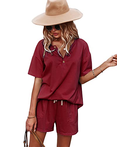 CORSKI Women's Two Piece Outfits Sweatsuit Set Short Pant Pajamas Lounge Set Workout Athletic Tracksuit Jumpsuits Romper Wine S