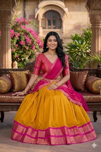 Image of RENVAANI Women's Traditional Kanjivaram Kanchipuram Silk Zari Weaving Unstitched Lehenga Choli with Dupatta