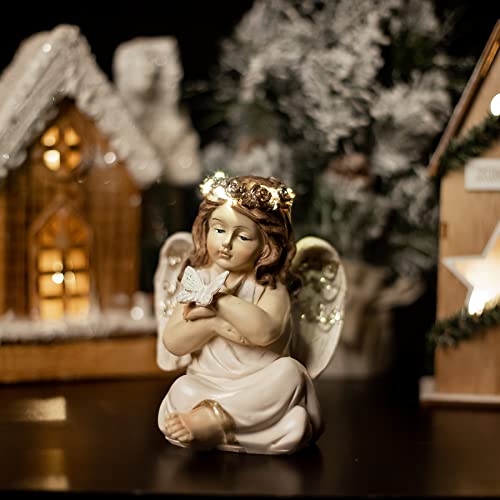 Floryden Christmas Lighted Angel With Butterfly Figurine, Girl Angels Figurines With Golden Wreath 6/8H Timer For Holiday Christmas Decor thumb #2