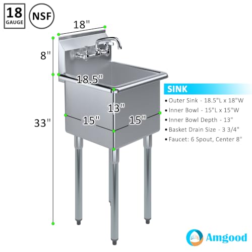 Image of 18 in. x 18.5 in. Stainless Steel Utility Sink With 15 in. x 15 in. x 13 in. Bowl and Faucet. NSF