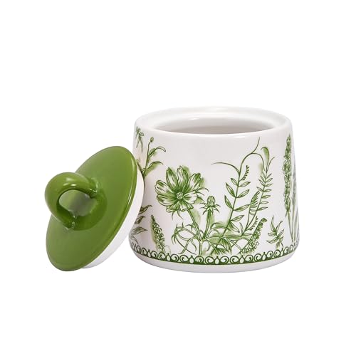 Bico Green Garden Toile De Jouy Ceramic Sugar and Creamer Set, Sugar Bowl with Lid, Cute Container for Coffee Bar, Kitchen Countertop Accessories, Microwave and Dishwasher Safe