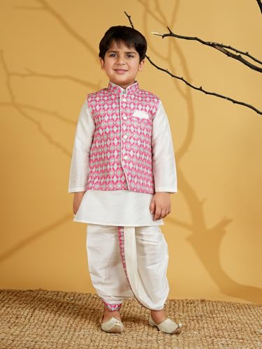 Image of AJ DEZINES Kids Silk Blend Full Sleeve Embroidered Dhoti Kurta Set for Boys - Ethnic wear | Traditional & Festival Wear|Waistcoat for boys - Regular Fit