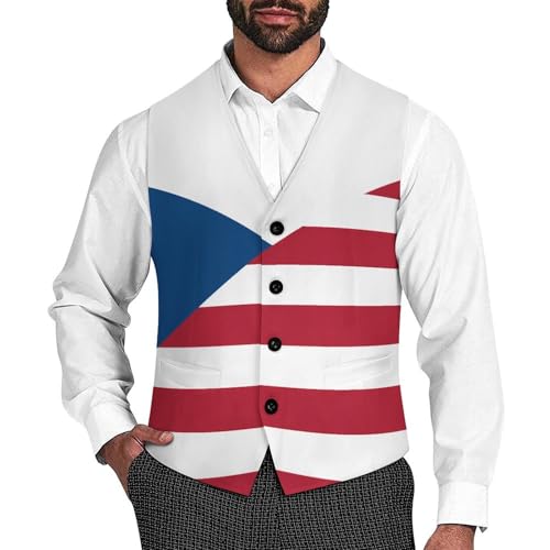 Flag of Czech Republic And USA Suit Vest for Men Waistcoat Dressy V Neck Button Down Sleeveless Business Jacket Coat