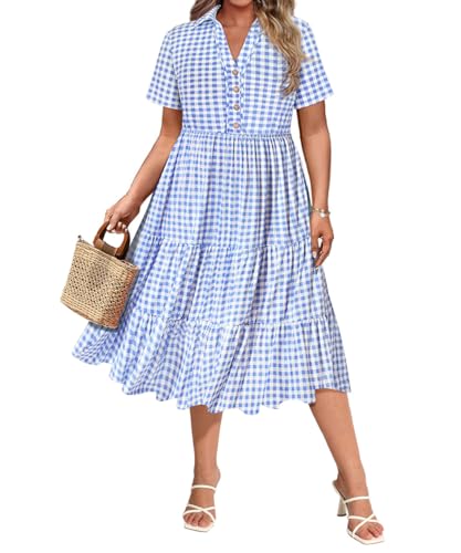 Image of CARCOS Plus Size Dresses for Curvy Women Collared Vneck Short Sleeve Dresses Midi Summer Ruffle Dress with Pocket XL-5XL