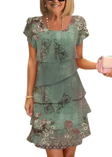 Onsoyours Femmes Été Robe en Mousseline Col Rond Élégante Robes De Soirée Fleurs Impression À Manches Courtes Volants Léger Et Respirant Mini Dress Décontracté...