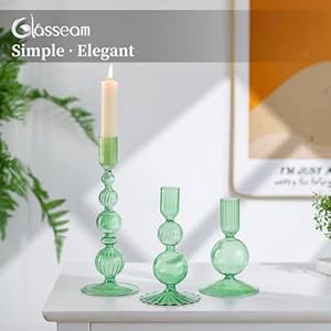 Glasseam Green Glass Candle Holder Set of 3 Candle Stick Holders for Taper Candlesticks Modern Candle Holders for Candlesticks Unique Tapered Candlestick Holders for Table Centerpiece Home Decor Gift