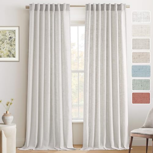 PrinceDeco White Linen Curtains 108 Inches Long for Living Room Semi Sheer Curtains Back Tab Light Filtering Drapes for Farmhouse Modern Large Window Pinch Pleated Look,2 Panel 9FT