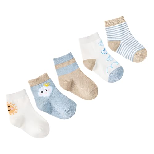 Image of SYGA 5 Pairs Baby Girl Boys Non Slip Trainer Socks Toddlers Warm Cotton Stretch Crew Anti-Slip Baby Socks- Sun Cloud, 0-1 Years