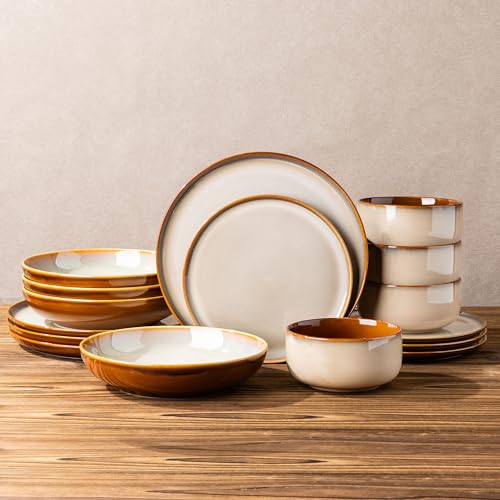 Image of LERATIO Ceramic Dinnerware Sets with Pasta Bowls for 4,Plates and Bowls Sets,Oven &Microwave & Dishwasher Safe,Light Weight & Scratch Resistant Dishes Sets-Service for 4 (16pcs)-Kahki