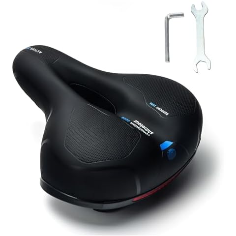 UVTQSSP 9.8"x8" Comfy Bike Seat Wide Bicycle Saddle Replacement Cushion with Dual Shock Absorbing Stationary Bike Seat for Exercise Mountain Road Bikes with Reflect Safety Soft Durable Black Blue Cover