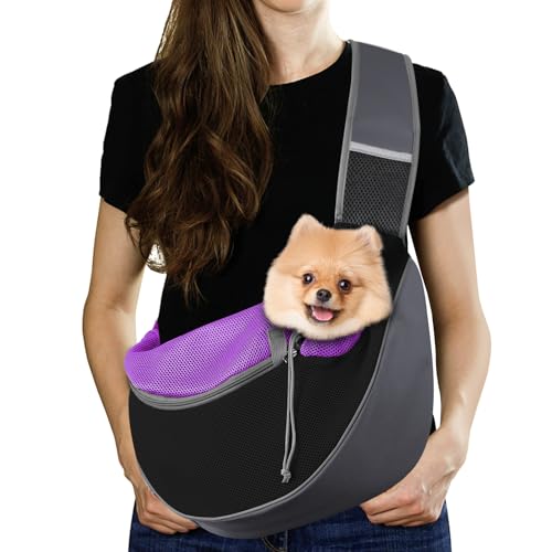 Pawaboo Trasportino per Cani, Borsa a Mano in Rete Traspirante per Cucciolo di Gatto, Coulisse con Cinghia Regolabile e Tasca, Borsa per Canis a Tracolla per Viaggi All'aperto, L, Viola Profondo