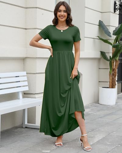 Image of COSSEN Women's Crew Neck Short Sleeve Maxi Dress with Pockets Casual Loose Swing for Wedding Guest Beach Vacation