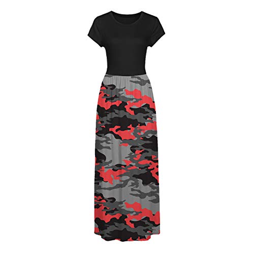 Women Short Sleeve Maxi Dresses Casual Splicing Camouflage Pocket Dress Daily Work Plus Size High Waist Dress