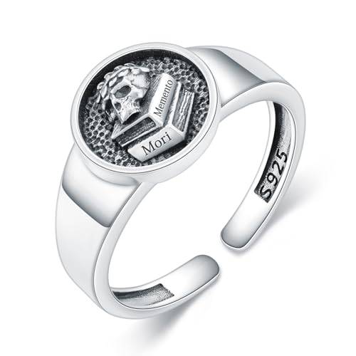 PROESS Memento Mori Anillo de plata de ley 925 con diseño de calavera ajustable y abierta, anillo de calavera Memento Mori, regalo para hombre y mujer (talla 9), Plata de ley, Sin piedras preciosas