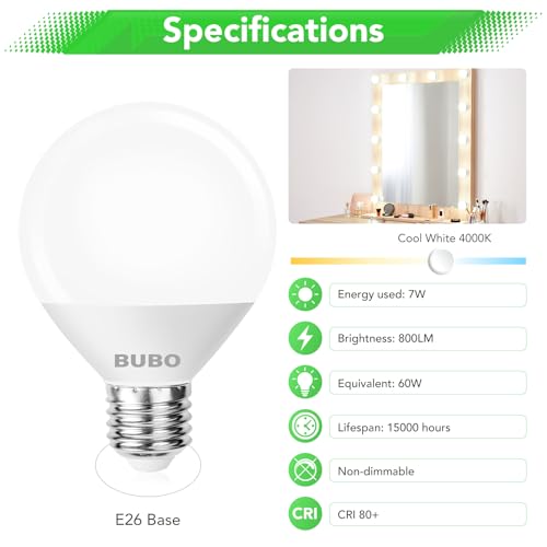 Image of BUBO Vanity Light Bulbs 60 Watt Equivalent, Bathroom Light Bulbs Cool White 4000K, G25 Globe Round Light Bulb 800 Lumens, E26 Medium Base, 7W, Non-Dimmable, 6 Pack