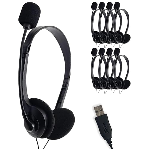 Soundnetic Bulk USB Headsets with Mic 10 Pack Budget Stereo Headphones with Boom Microphone – Ideal for Classrooms, Offices, Remote Work