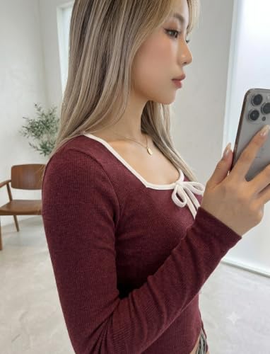 Image of Black Slim Fit Scoop Neck Top, Long Sleeves Top for Women,Front Knot Top