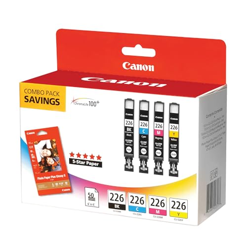 Canon CLI226 Color Pack with Photo Paper 50 Sheets Compatible to iP4820, MG5220, MG5120, MG6120, MG8120, MX882, iX6520, iP4920, MG5320, MG6220, MG8220, MX892
