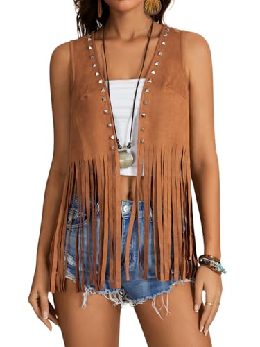 Verdusa Women's Fringe Rivets Sleeveless Vest Cardigan Casual Tassel Outerwear Brown Medium