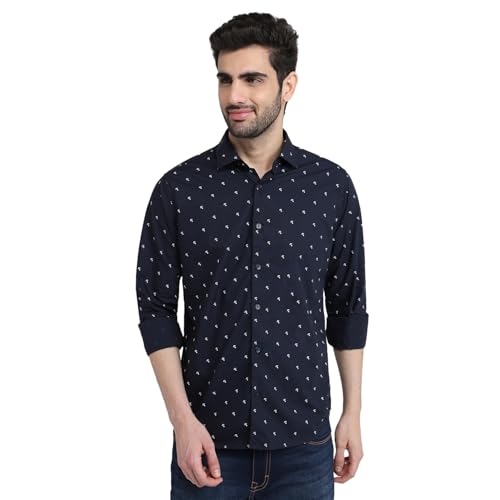 Image of Raymond Men Slim Fit Print Pattern Pure Cotton Cut Away Collar Full Sleeve Casual Shirt